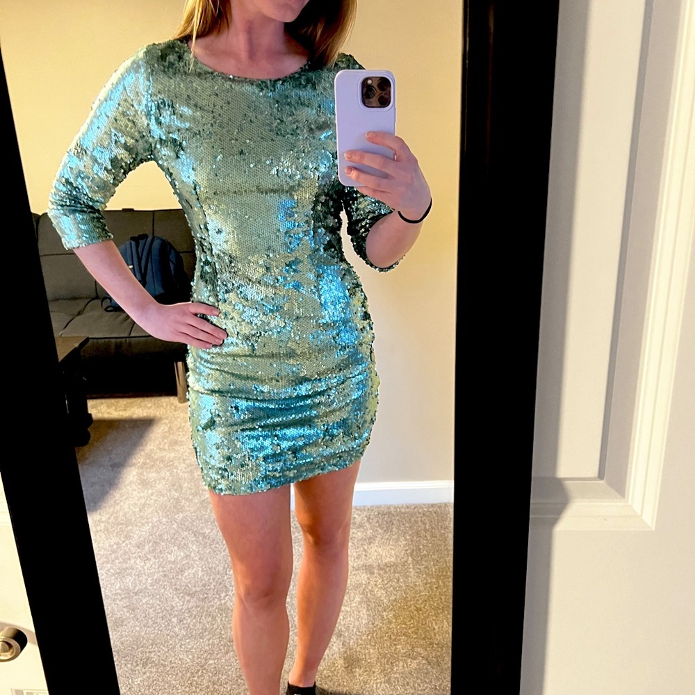 Lulus Teal Sequin Long Sleeve Dress